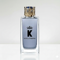 Dolce & Gabbana K perfume bottle with decorative cap on a gradient background
