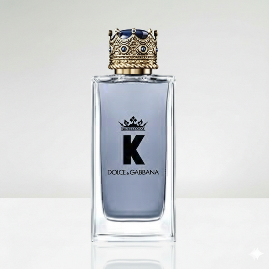 Dolce & Gabbana K perfume bottle with decorative cap on a gradient background