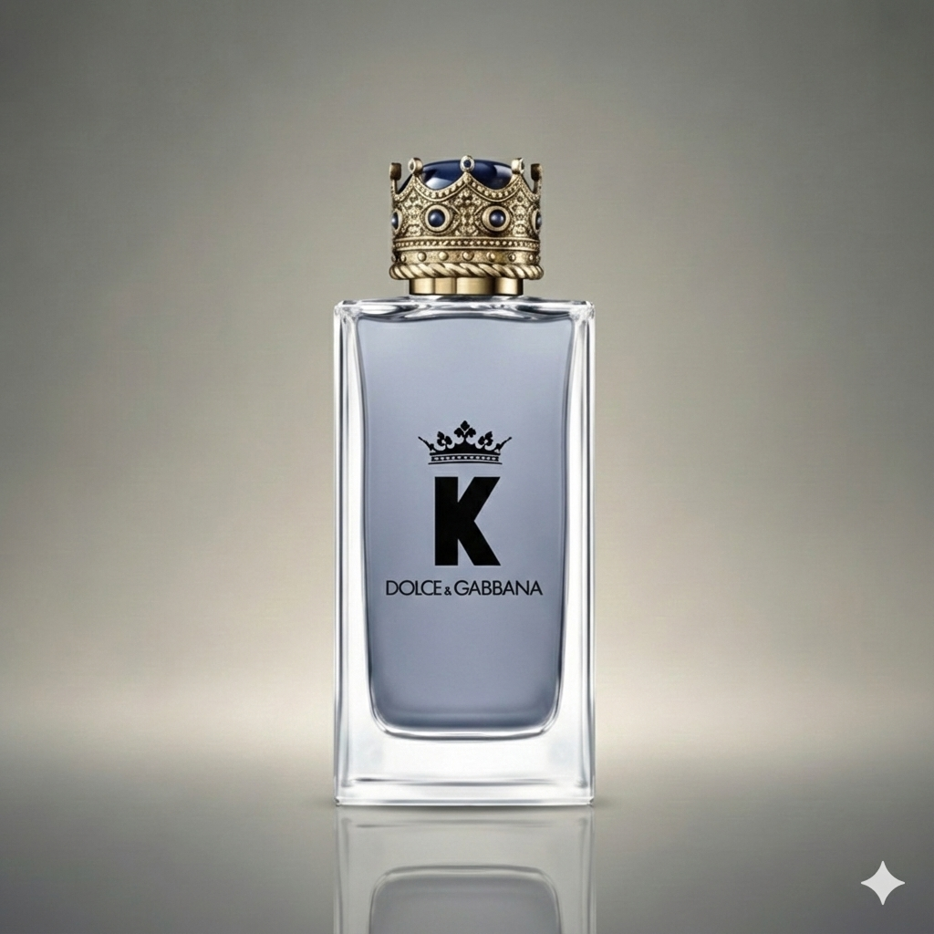Dolce & Gabbana K perfume bottle with decorative cap on a gradient background