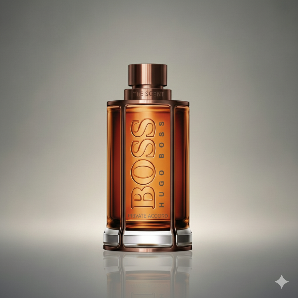 BOSS perfume bottle on a reflective surface with a gradient background
