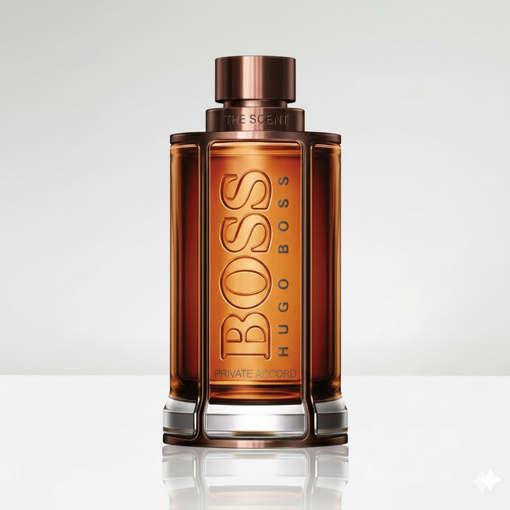 Hugo Boss The Scent men's perfume bottle on a reflective surface with a light gray background