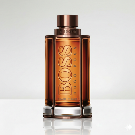Hugo Boss The Scent men's perfume bottle on a reflective surface with a light gray background