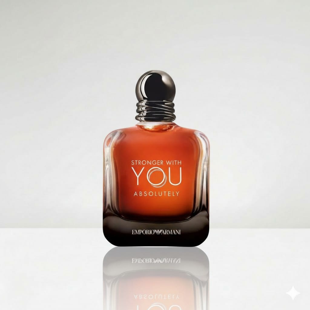 Perfume bottle with 'Stronger with You Absolutely' text and Emporio Armani logo on a white background