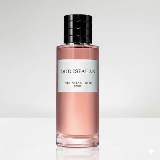 Perfume bottle labeled 'Oud Ispahan' by Christian Dior on a white background