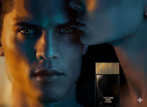 Close-up of a man's face with a Tom Ford perfume bottle in the foreground.